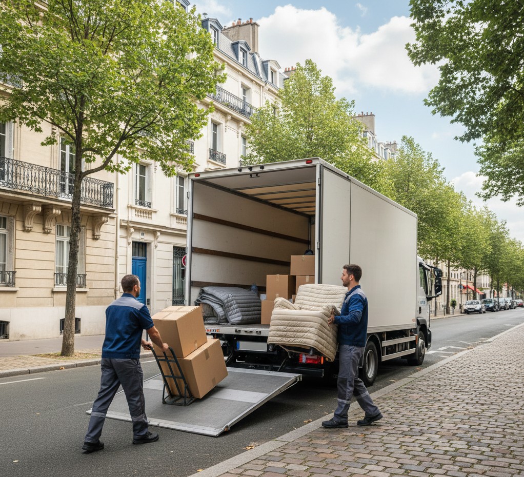 Equipe de demenageurs avec camion blanc a Asnieres-sur-Seine chargeant des cartons