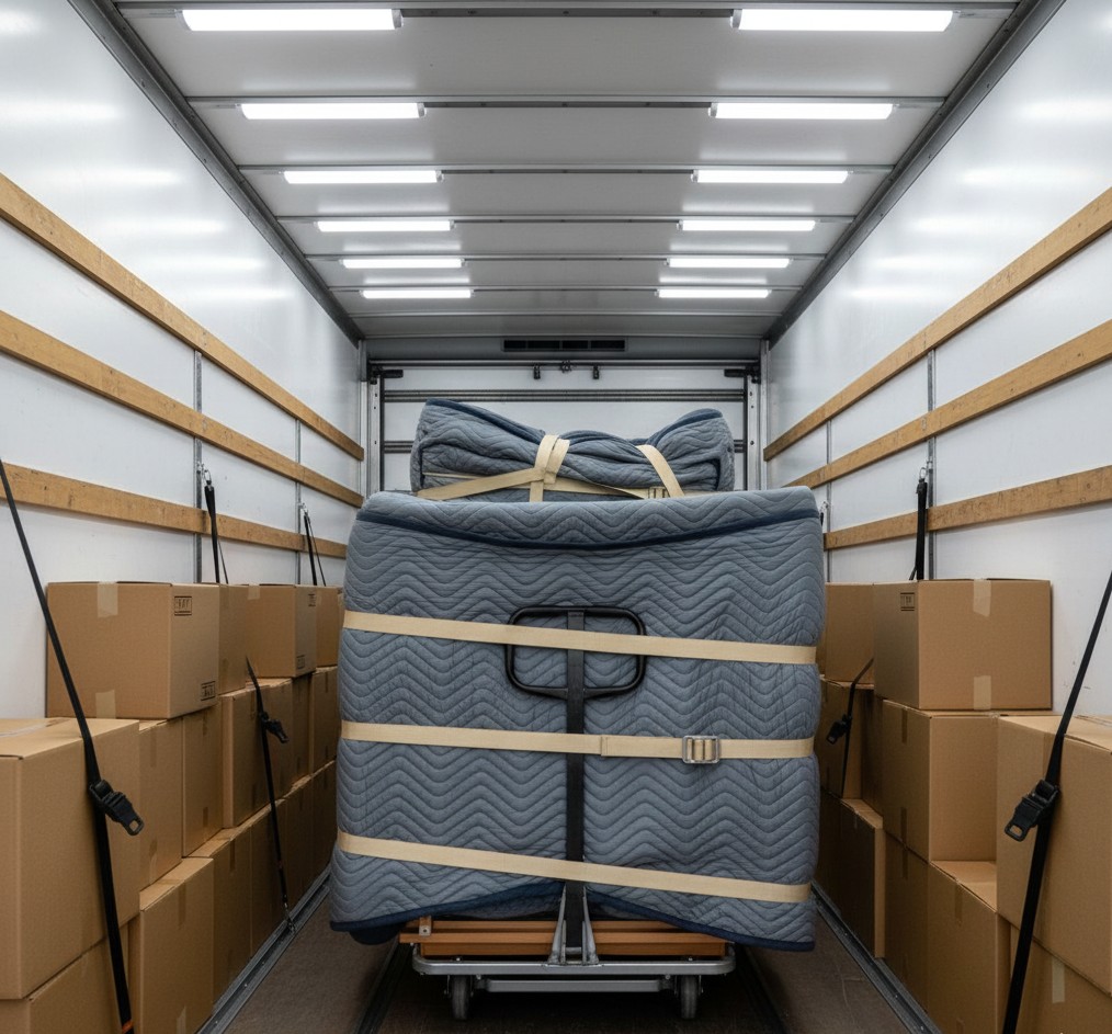 Interieur de camion de demenagement avec cartons empiles et meubles proteges par couvertures